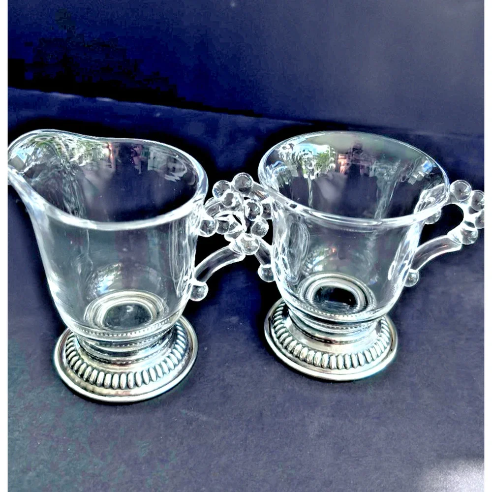 Imperial Glass Candlewick Cream & Sugar Sterling Silver Non-weigted Bases